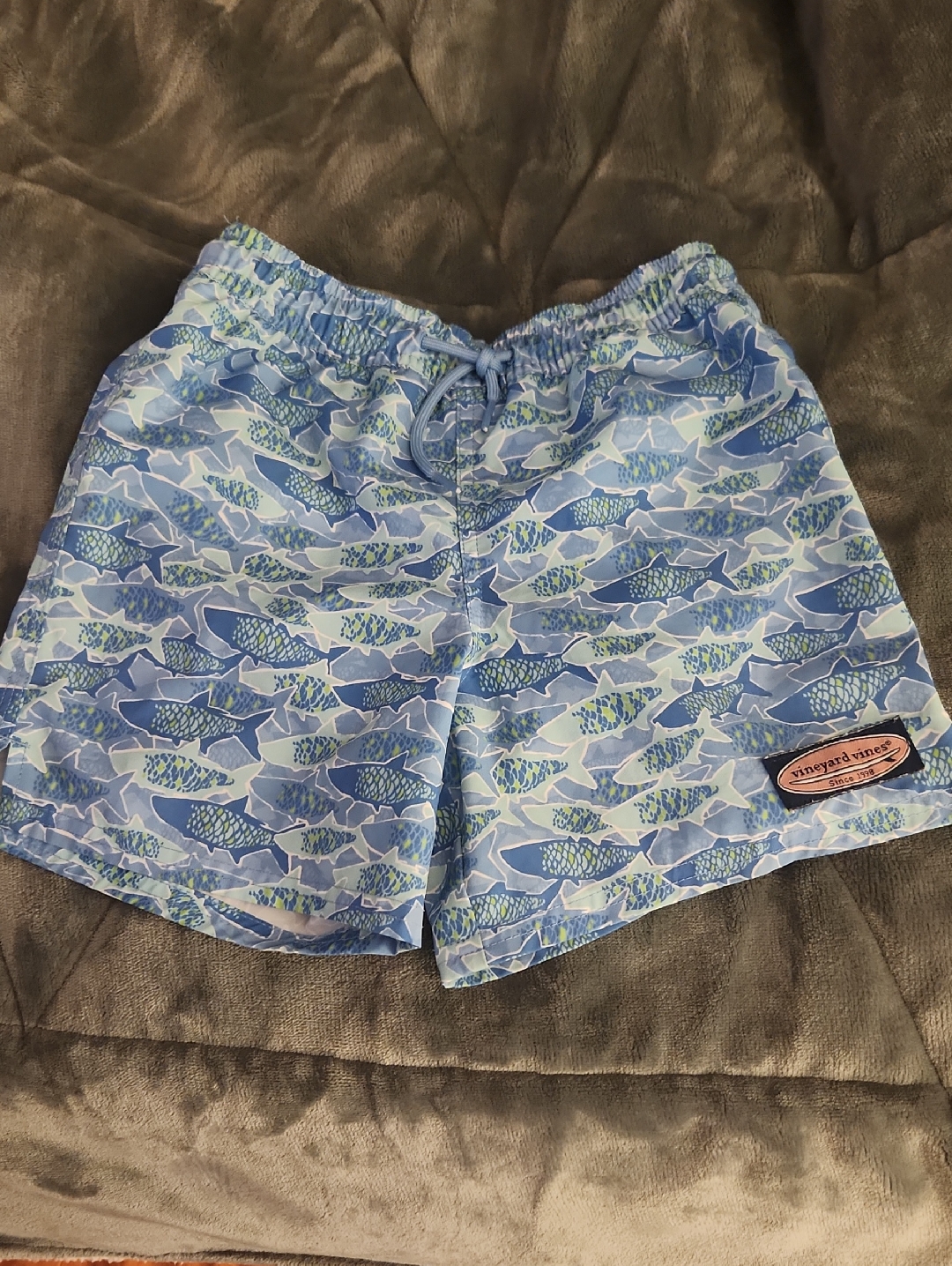 Vineyard Vines Kids Swim Trunk In Light Blue Fish Print